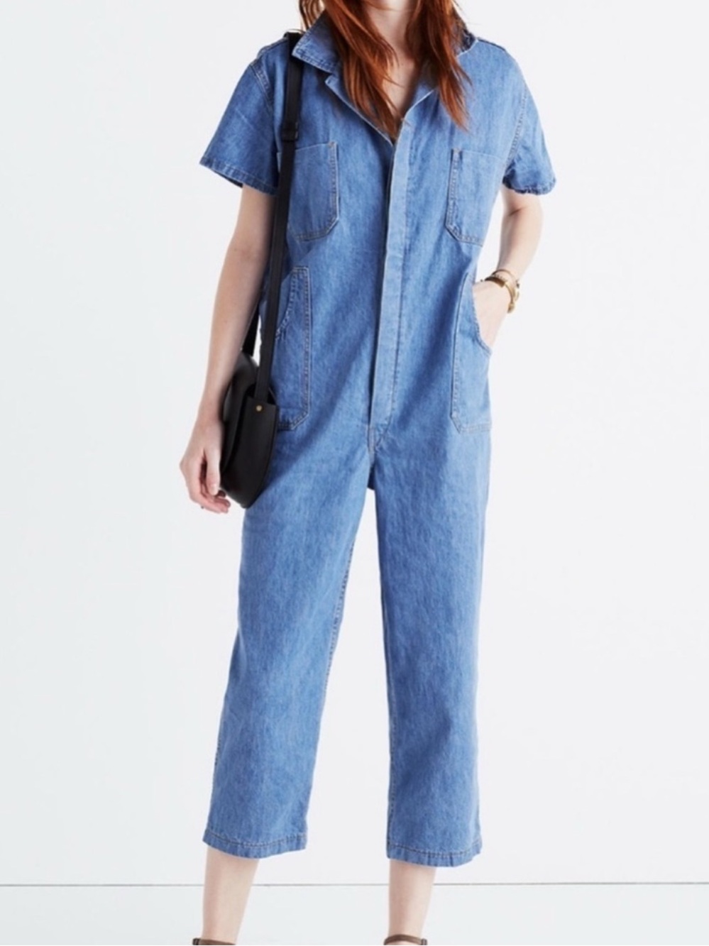 Caron Callahan Light Blue Denim Short Sleeve Jumpsuit